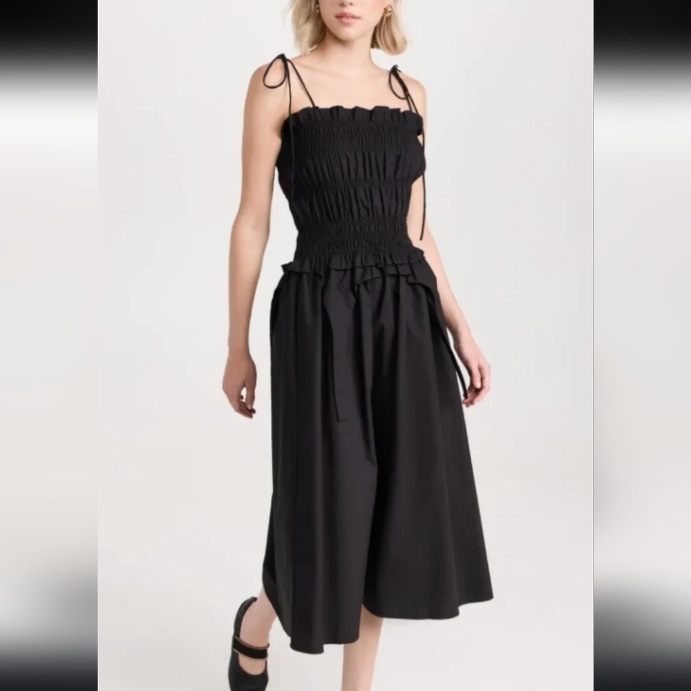 Allina Liu Denver Smocked Ruffle Cotton Ruched Midi Black Dress Size Small